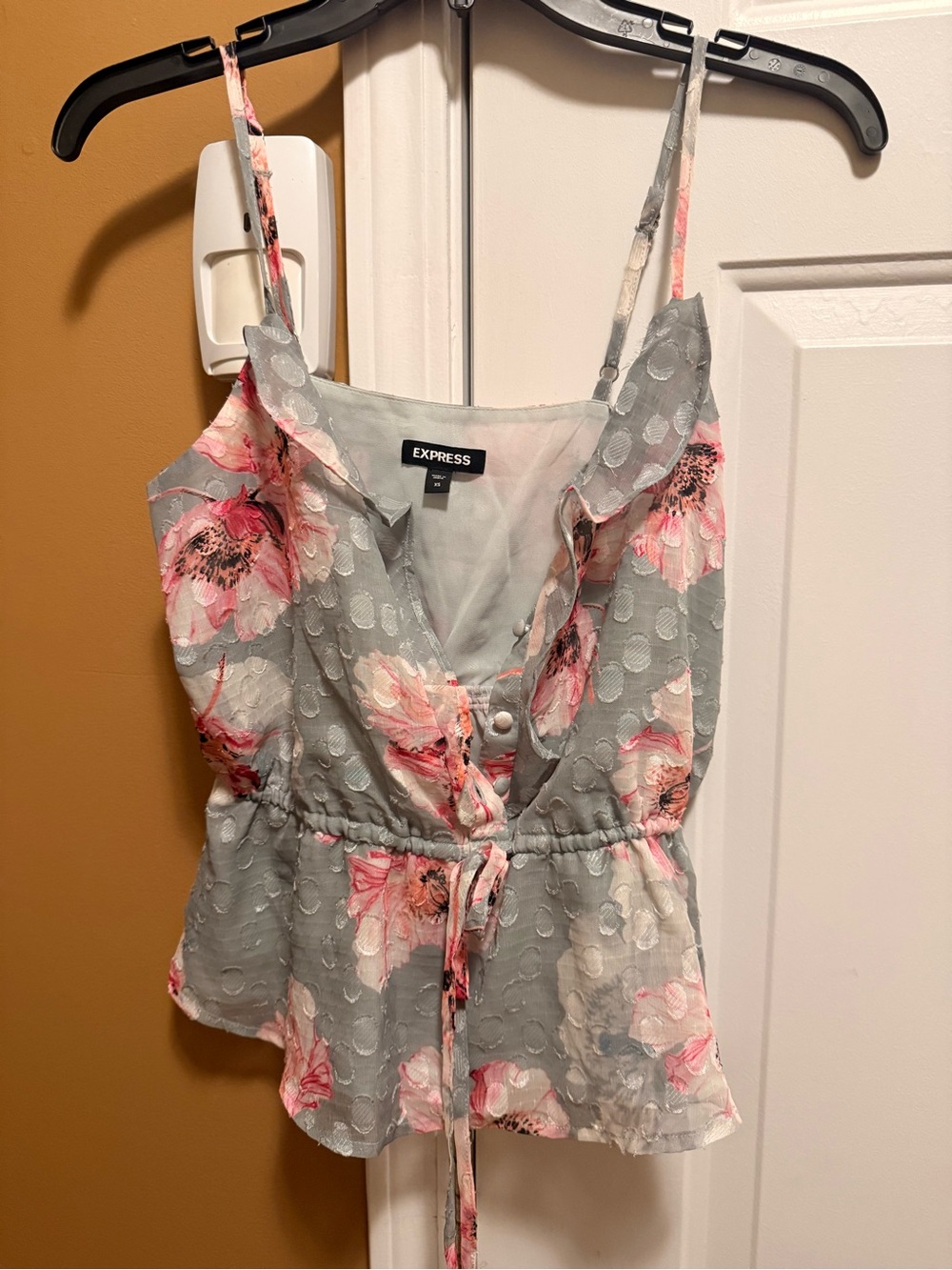Express Gray and Pink Floral Ruffle Peplum Camisole